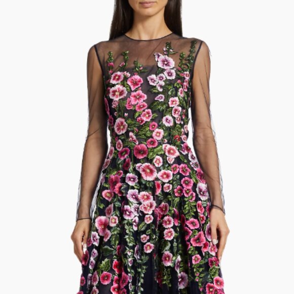 OSCAR De La RENTA  Hollyhocks Threadwork Tulle Long-Sleeve Gown Size 14  $4,990 - Picture 9 of 15